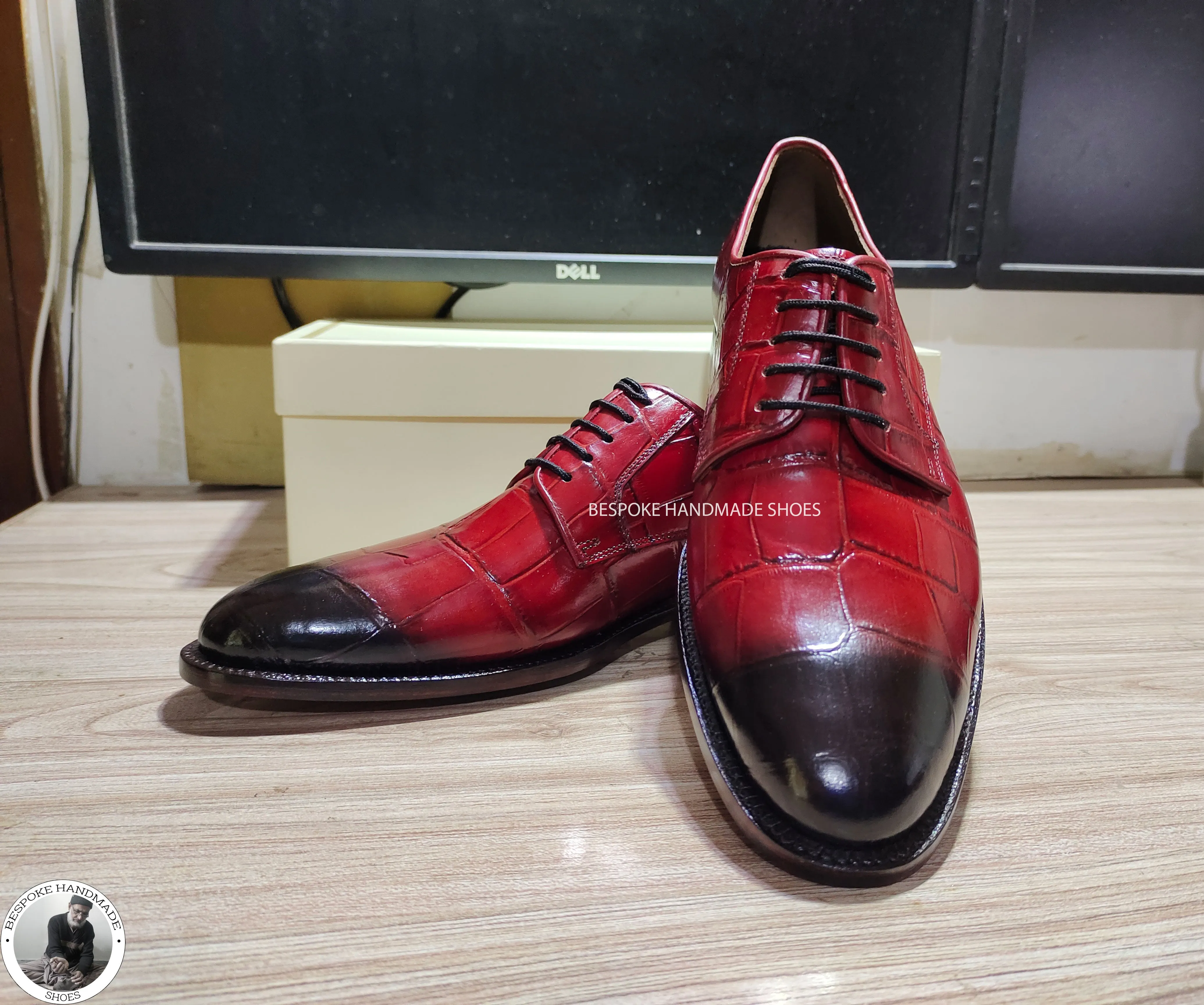Bespoke Red Crocodile Print Leather Black Shaded Derby Lace Up Formal Handmade Men Shoes