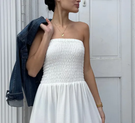 IRIS - Strapless Ruched Top Maxi Dress in Ivory