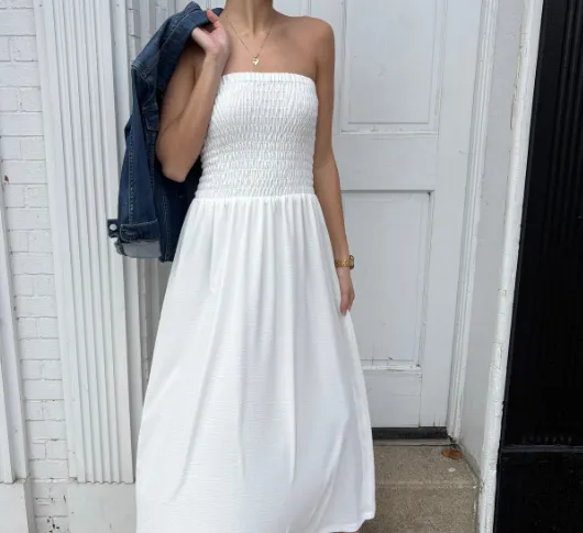 IRIS - Strapless Ruched Top Maxi Dress in Ivory