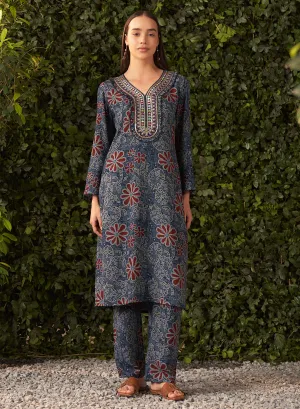 Liah Navy Blue Printed Rayon Kurta Set for Women