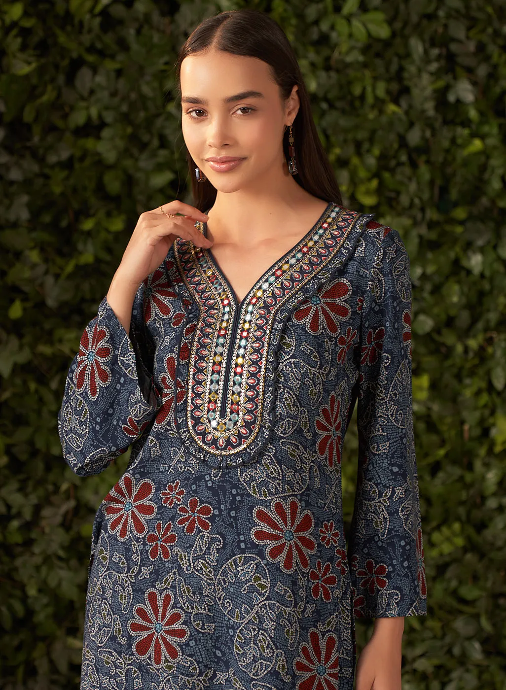 Liah Navy Blue Printed Rayon Kurta Set for Women