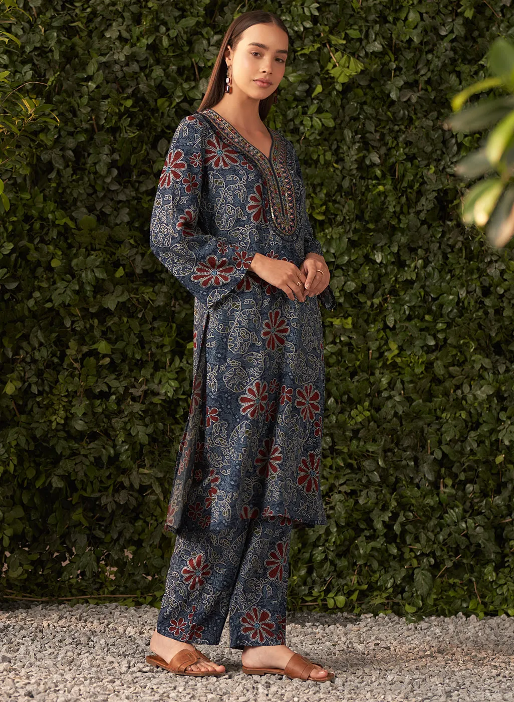 Liah Navy Blue Printed Rayon Kurta Set for Women