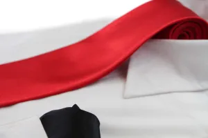 Mens Red 8cm Neck Tie & Black Pocket Square Set