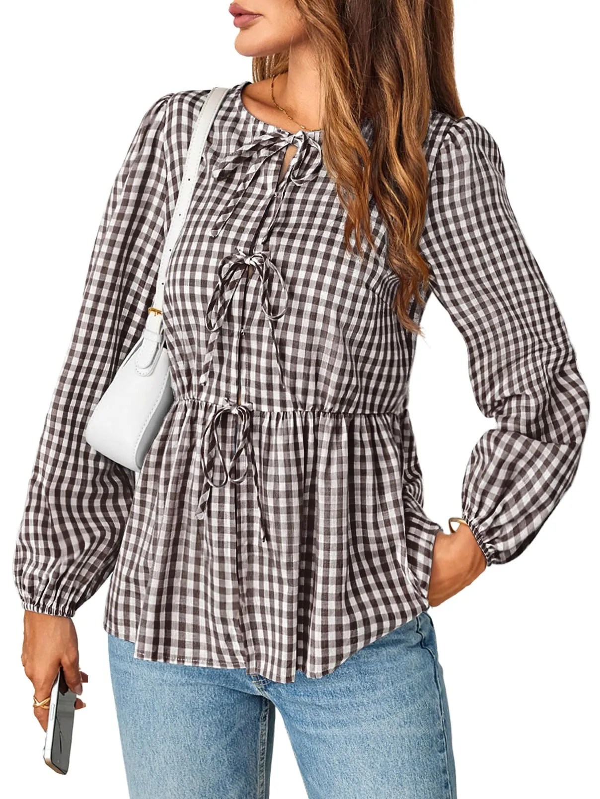 MEROKEETY Women's 2024 Tie Front Plaid Blouse - Puff Sleeve Ruffle Peplum Top