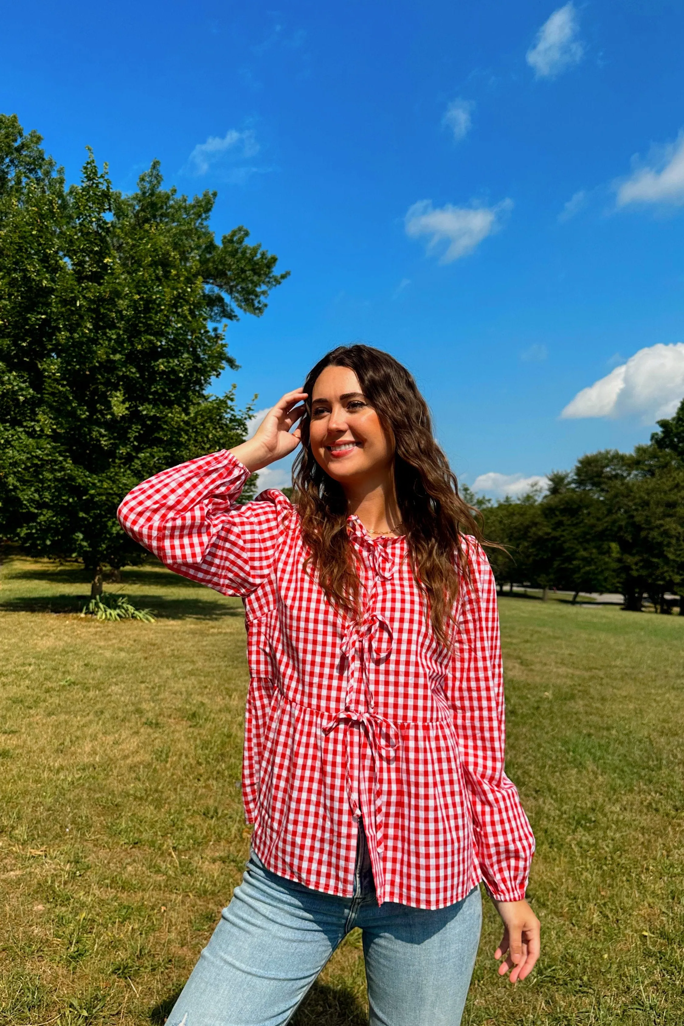 MEROKEETY Women's 2024 Tie Front Plaid Blouse - Puff Sleeve Ruffle Peplum Top