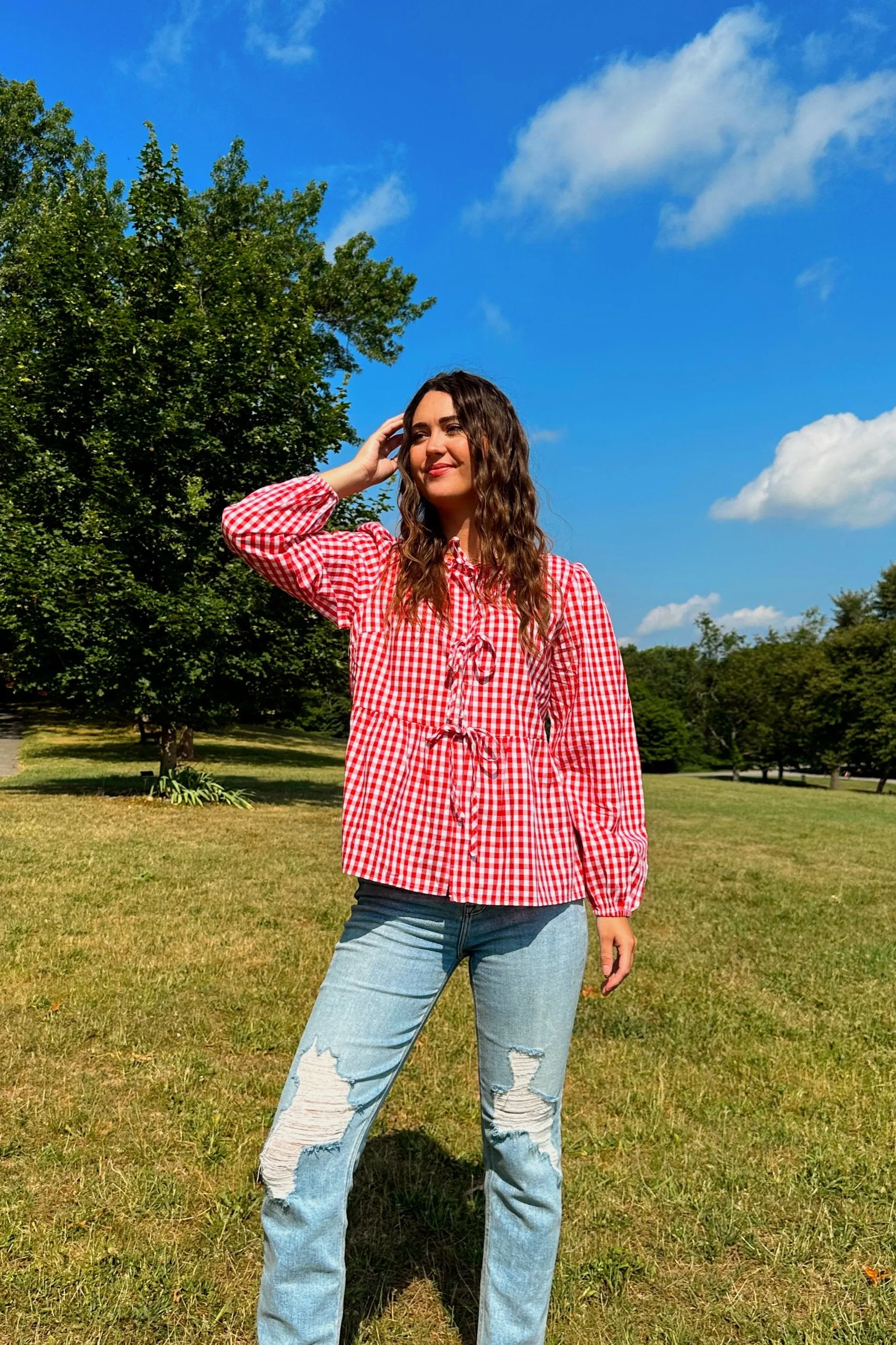 MEROKEETY Women's 2024 Tie Front Plaid Blouse - Puff Sleeve Ruffle Peplum Top