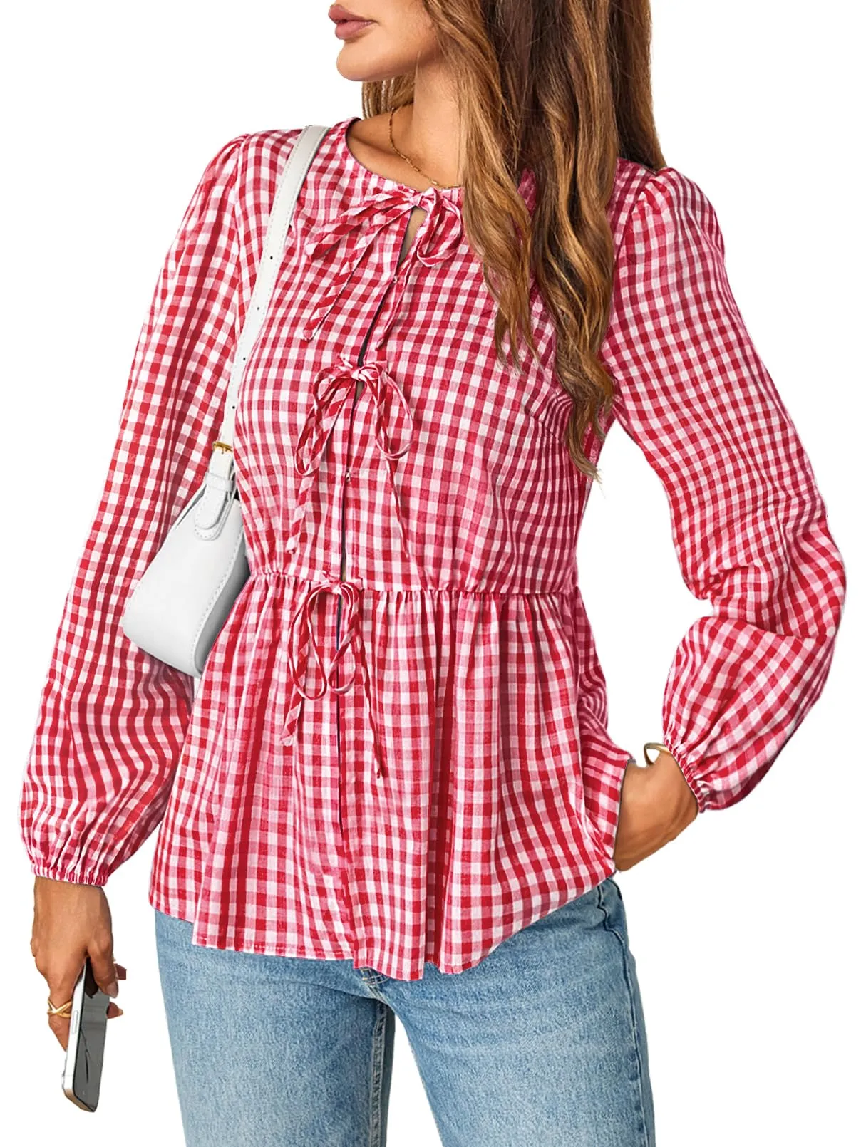 MEROKEETY Women's 2024 Tie Front Plaid Blouse - Puff Sleeve Ruffle Peplum Top