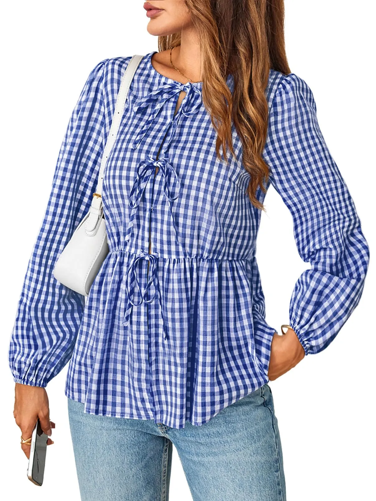 MEROKEETY Women's 2024 Tie Front Plaid Blouse - Puff Sleeve Ruffle Peplum Top