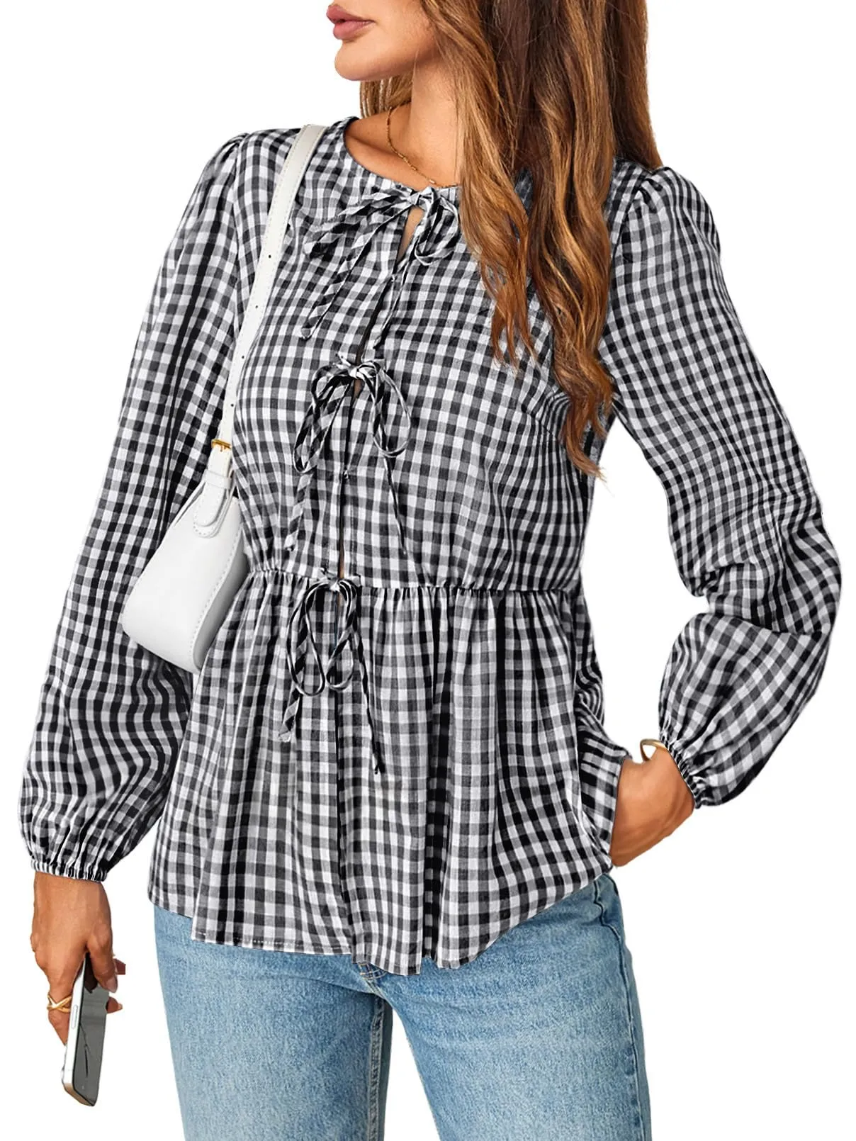 MEROKEETY Women's 2024 Tie Front Plaid Blouse - Puff Sleeve Ruffle Peplum Top