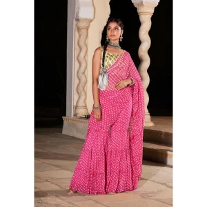 MONK & MEI Issh Pink-Sharara Fusion Saree With Stitched Blouse