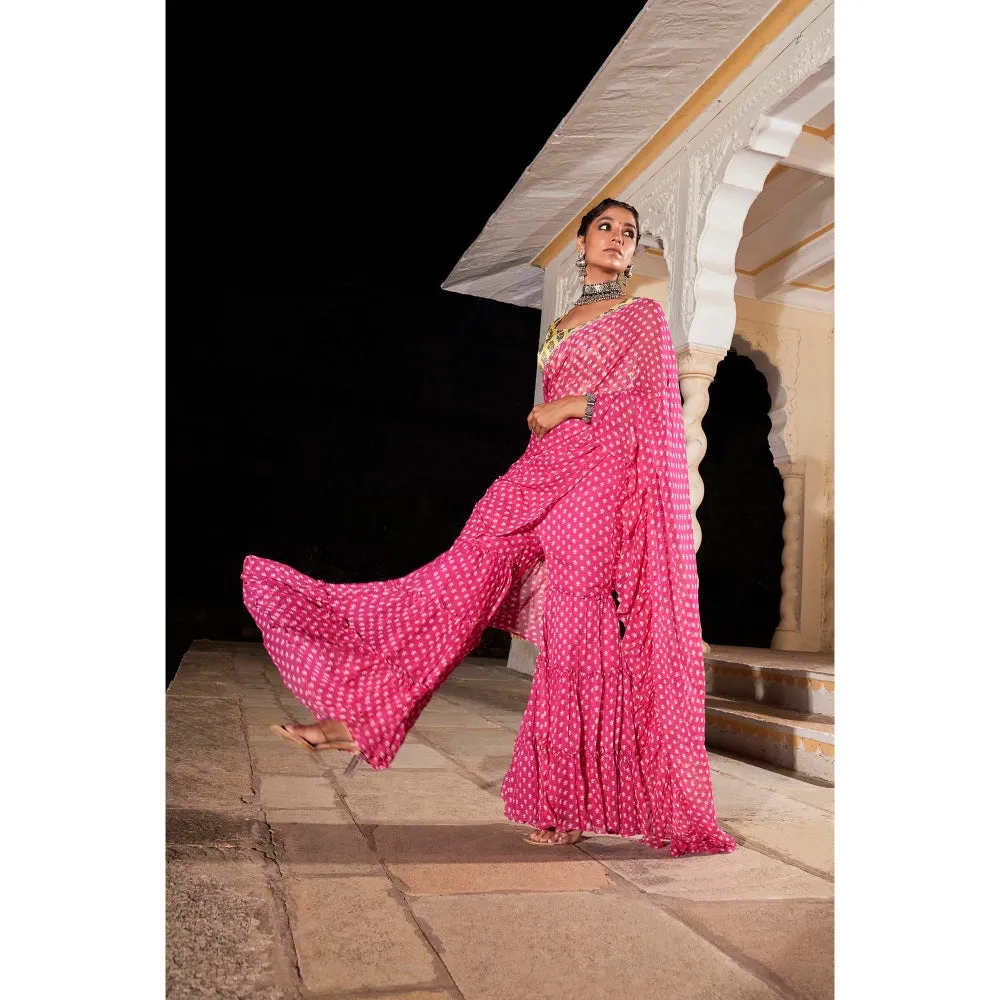 MONK & MEI Issh Pink-Sharara Fusion Saree With Stitched Blouse