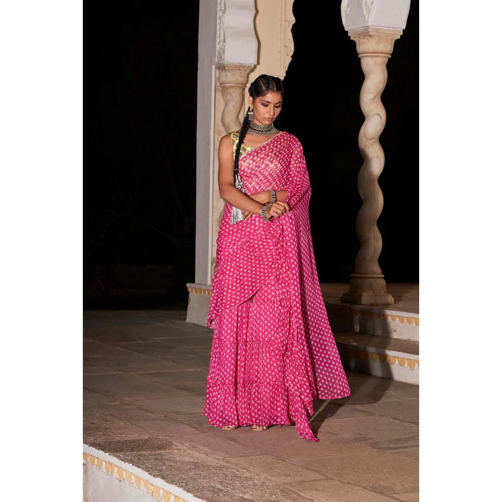 MONK & MEI Issh Pink-Sharara Fusion Saree With Stitched Blouse