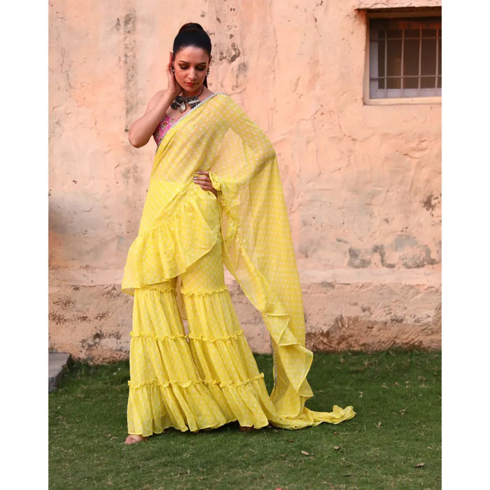 MONK & MEI Issh Yellow-Sharara Fusion Saree With Stitched Blouse