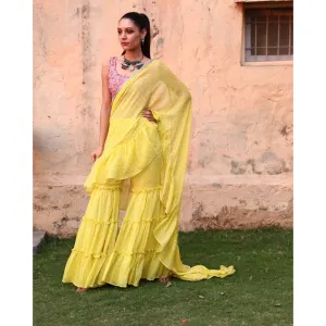 MONK & MEI Issh Yellow-Sharara Fusion Saree With Stitched Blouse