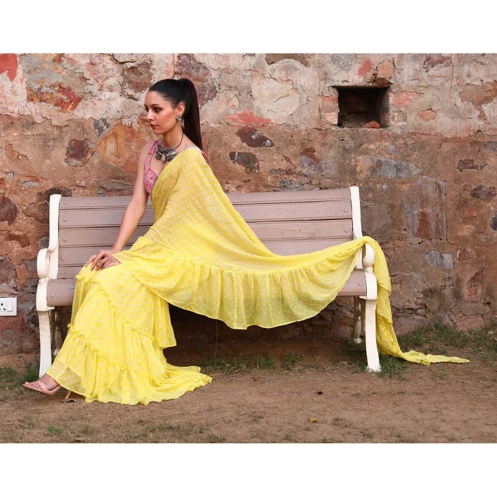 MONK & MEI Issh Yellow-Sharara Fusion Saree With Stitched Blouse