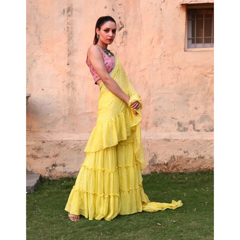 MONK & MEI Issh Yellow-Sharara Fusion Saree With Stitched Blouse