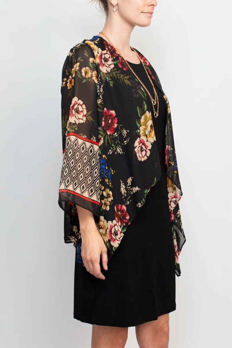 Sandra Darren crew neck sleeveless chain detail solid matte jersey dress with attached multi print chiffon jacket