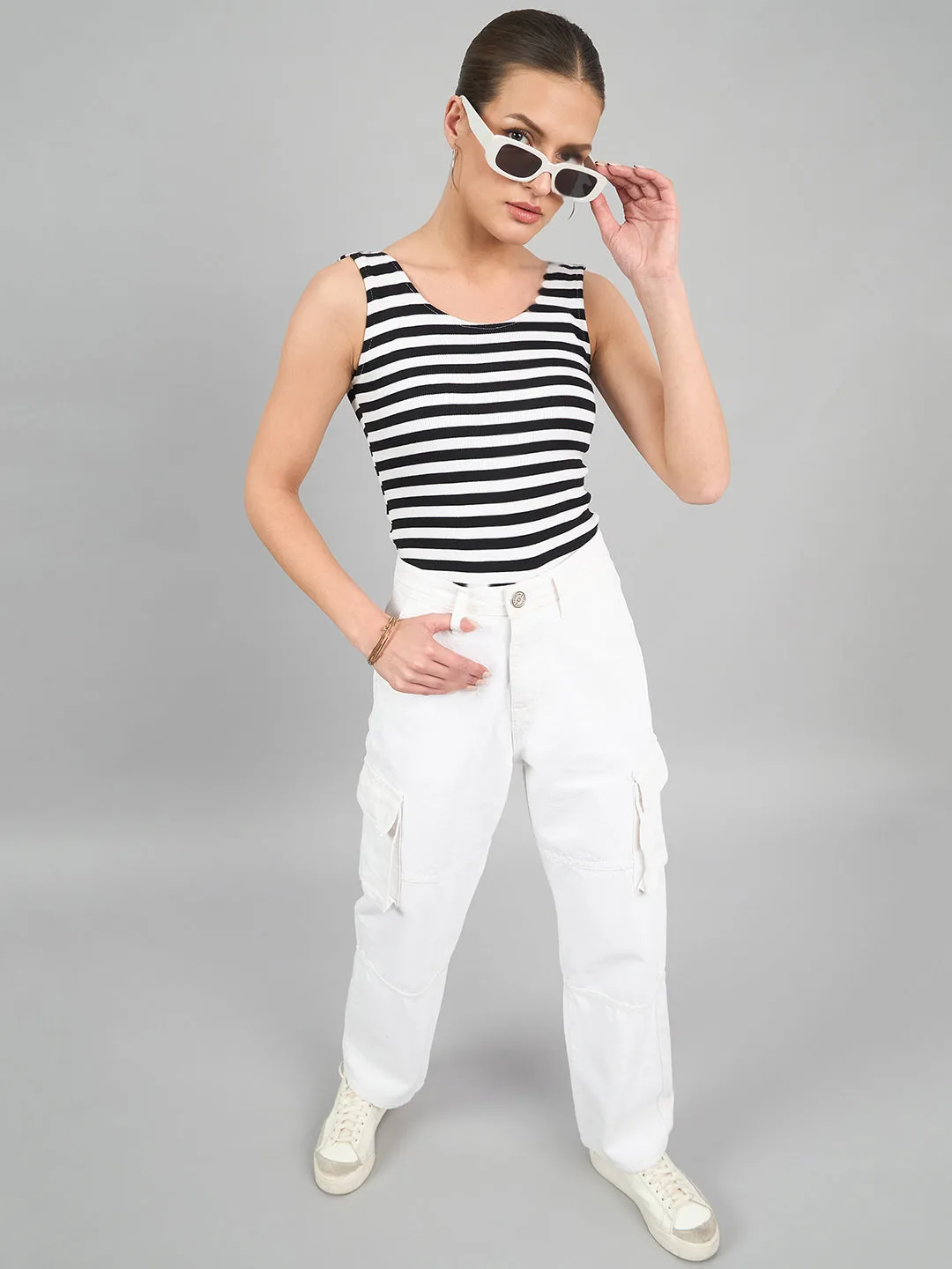 Style Quotient Women White Relaxed Fit High Rise Cargos