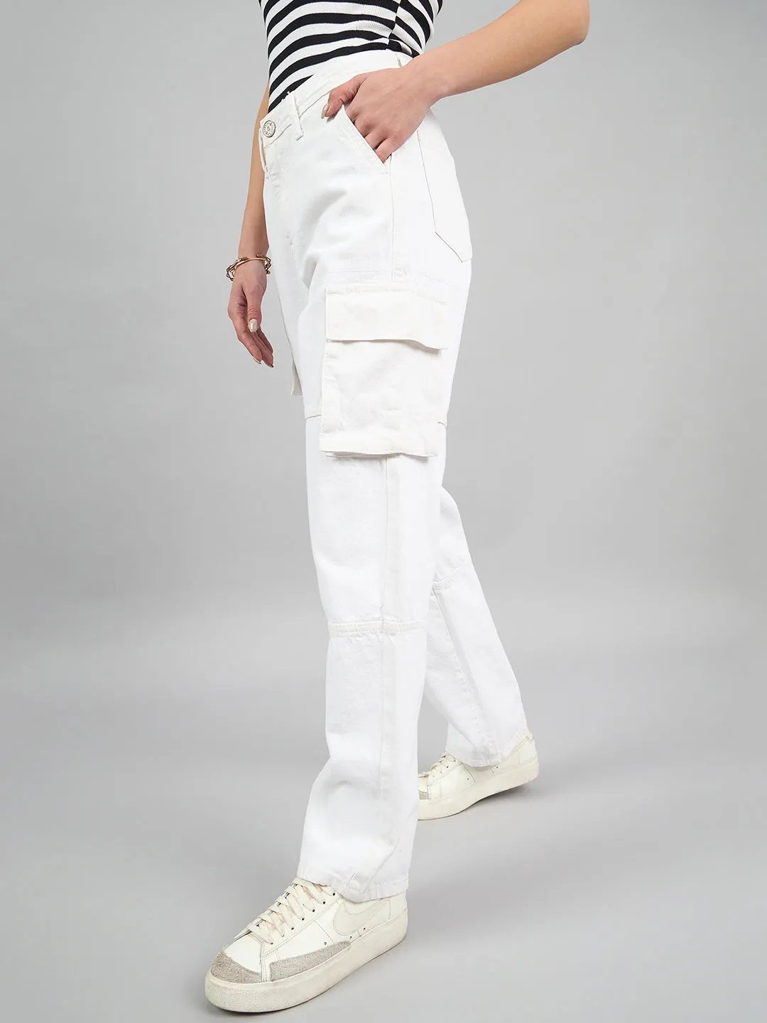 Style Quotient Women White Relaxed Fit High Rise Cargos