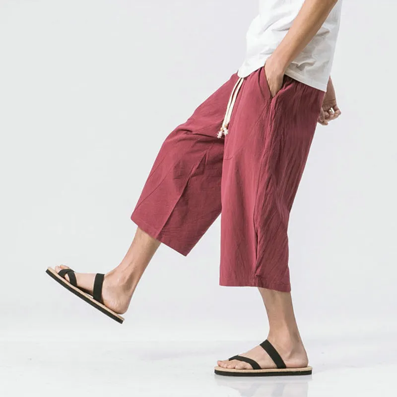 Summer Men's Japanese and Korean Style Cotton linen Loose Shorts