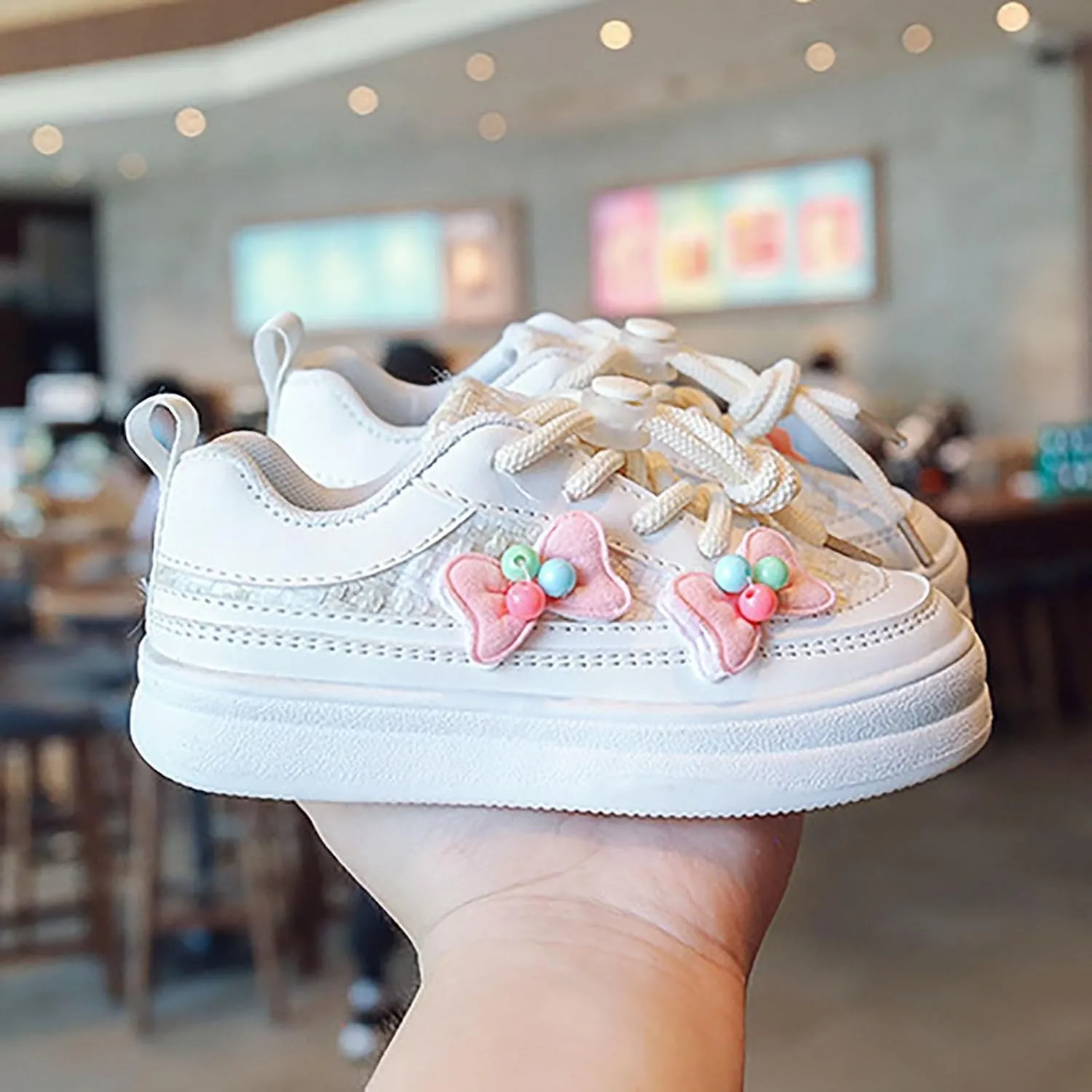 Toddler Kids Lace-Up Fashion Sneakers with Bow Girls Platform Sneakers Tennis Walking Shoes Lightweight