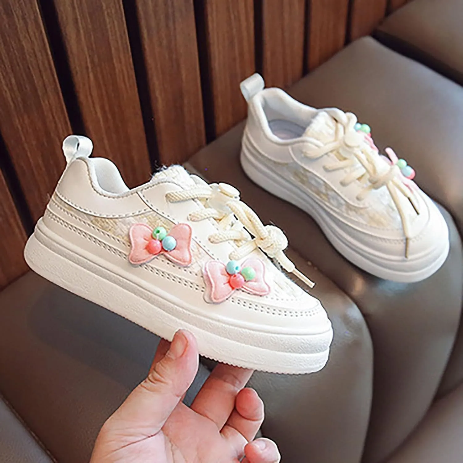 Toddler Kids Lace-Up Fashion Sneakers with Bow Girls Platform Sneakers Tennis Walking Shoes Lightweight