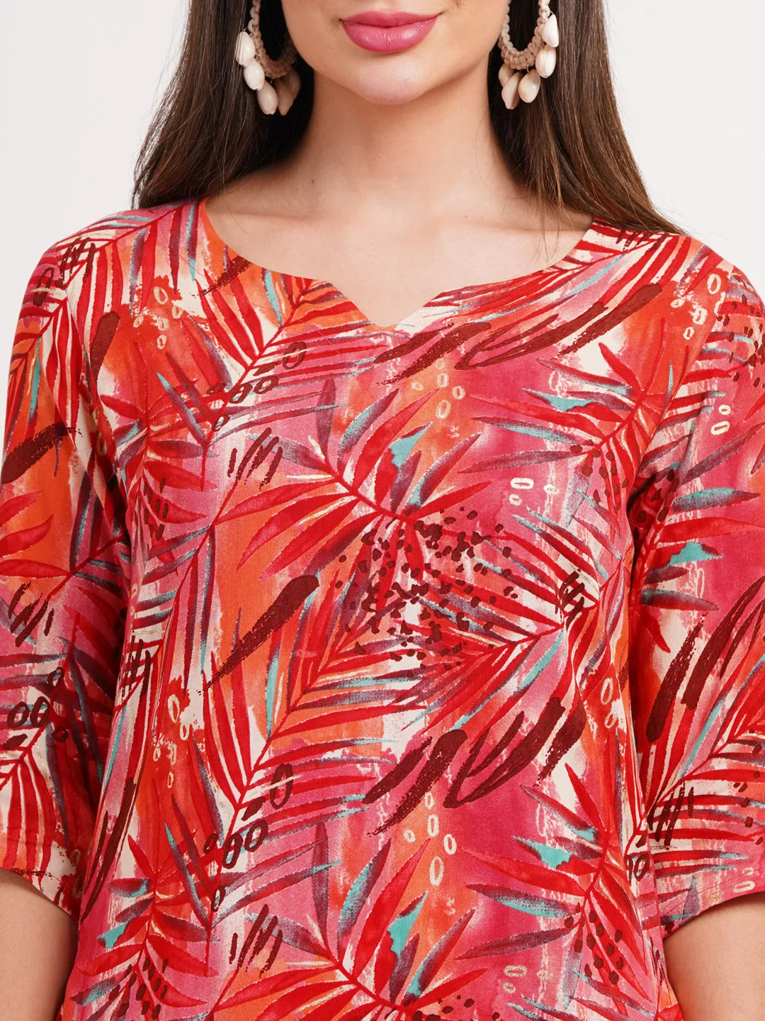 Trendy Red Leafy Print Loungewear Co-ord Set
