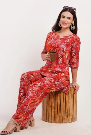 Trendy Red Leafy Print Loungewear Co-ord Set