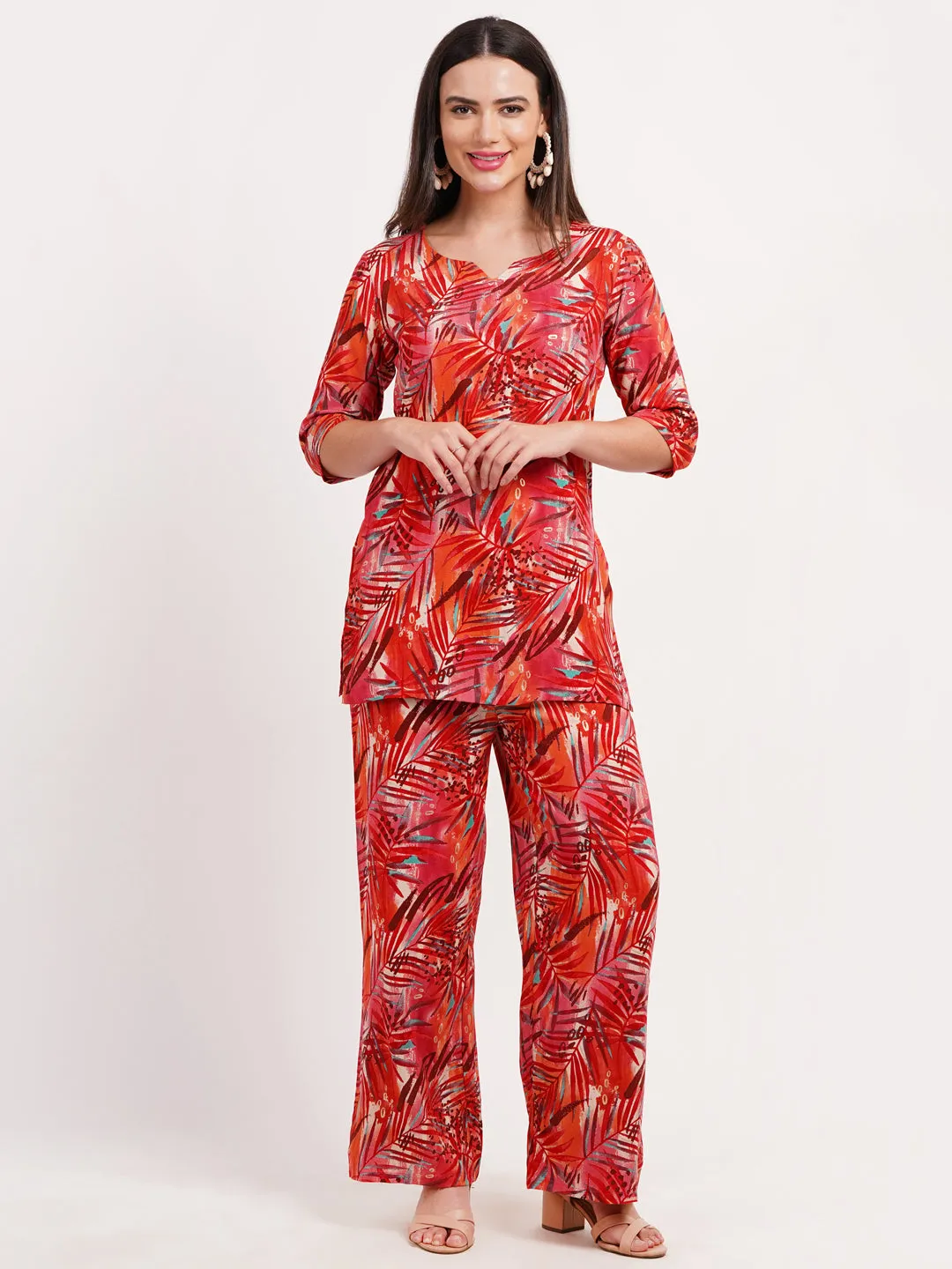 Trendy Red Leafy Print Loungewear Co-ord Set