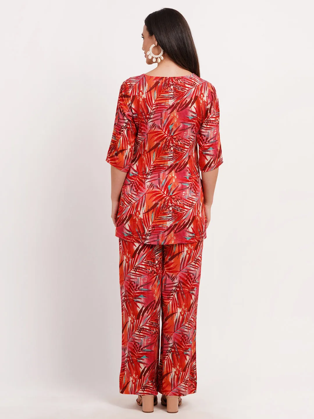 Trendy Red Leafy Print Loungewear Co-ord Set