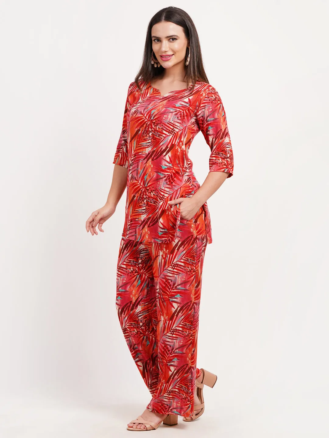 Trendy Red Leafy Print Loungewear Co-ord Set