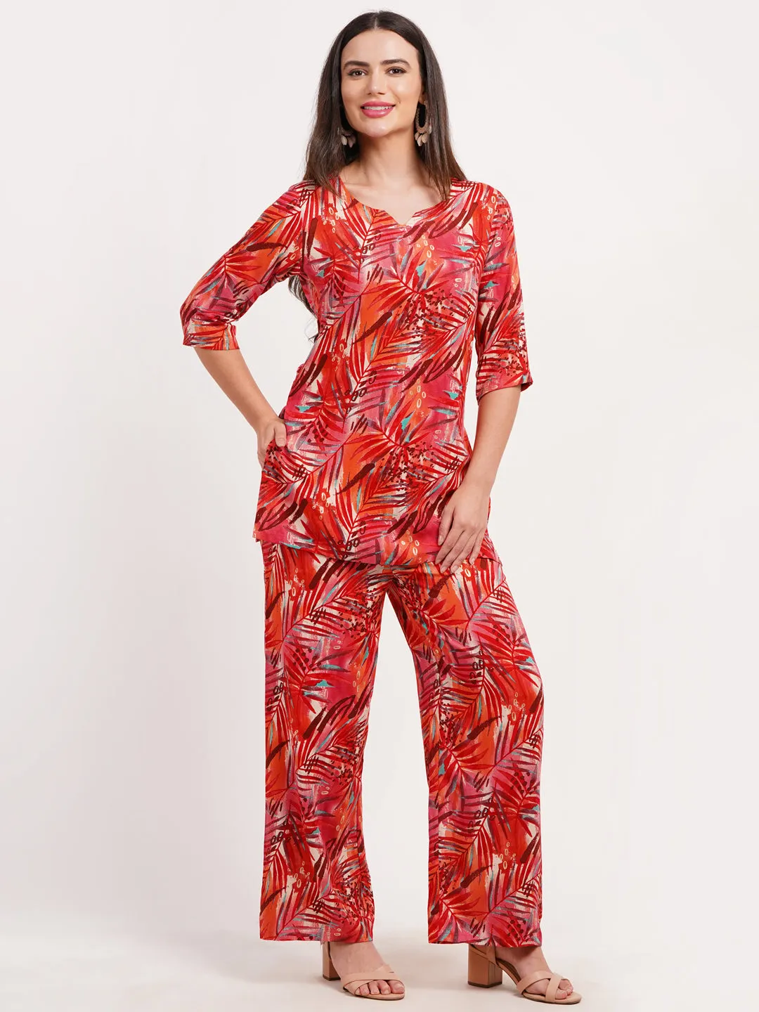 Trendy Red Leafy Print Loungewear Co-ord Set