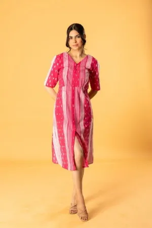 Women Cotton Tiedye Vneck Regular Fit Dress Pink