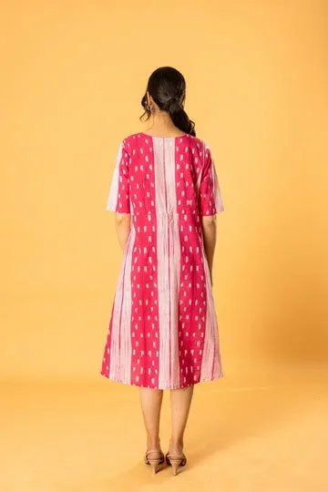 Women Cotton Tiedye Vneck Regular Fit Dress Pink