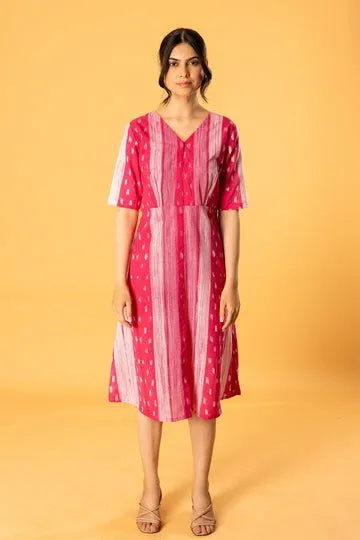 Women Cotton Tiedye Vneck Regular Fit Dress Pink