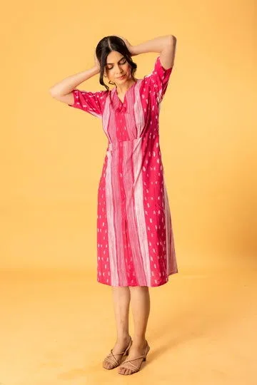 Women Cotton Tiedye Vneck Regular Fit Dress Pink