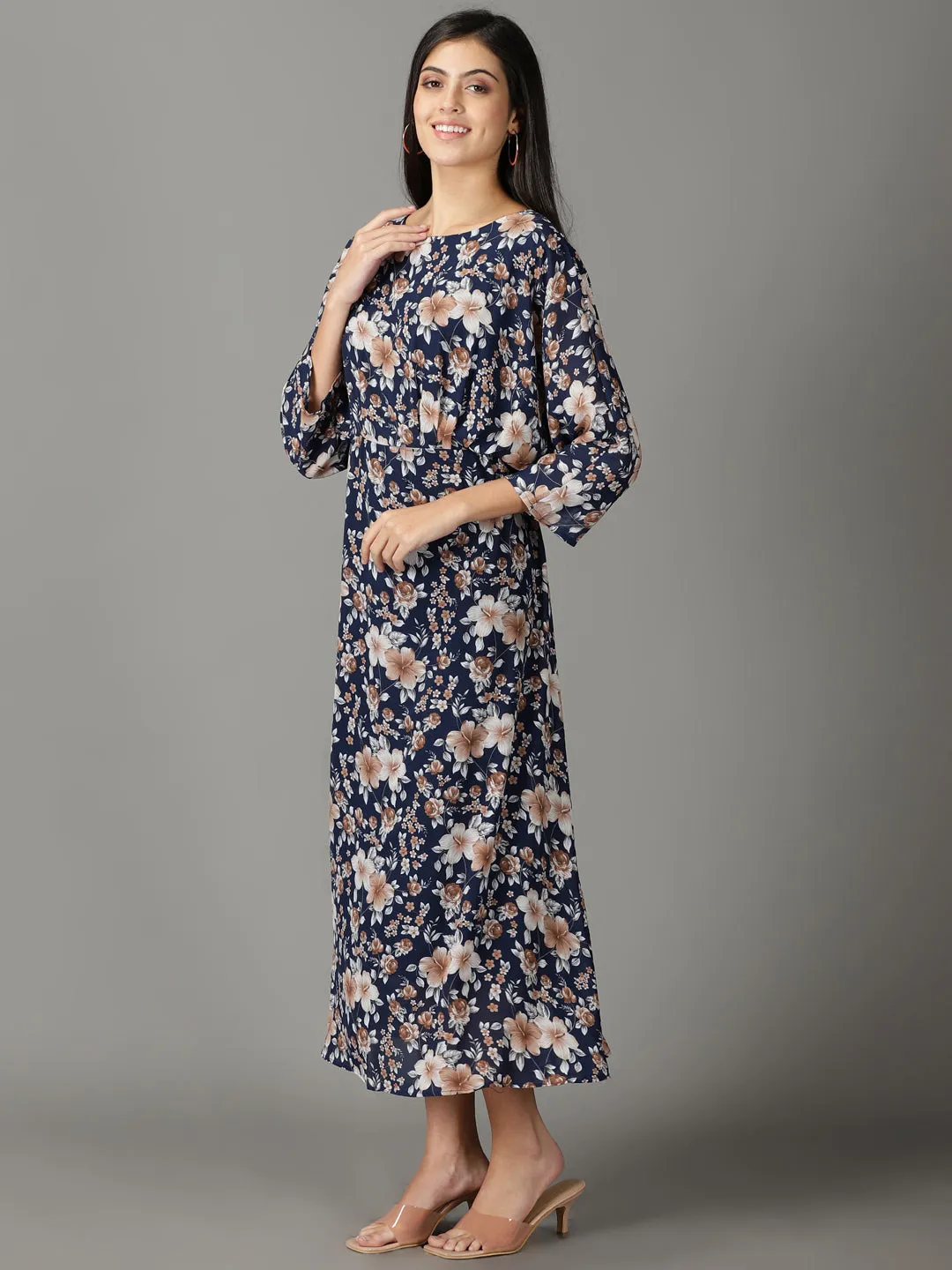 Women's Navy Blue Printed A-Line Dress